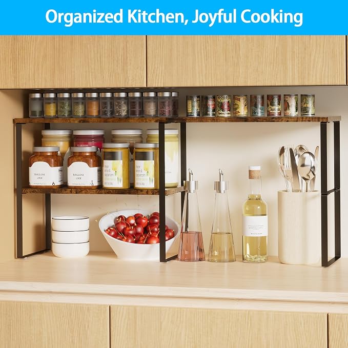 Golener Kitchen Counter Organizer, Countertop Shelf, Adjustable, Stackable | Kitchen Countertop Organizer, Spice Rack, 2-Tier Countertop Shelves, Corner Desk Shelf, Corner Counter Shelf, Rustic Brown