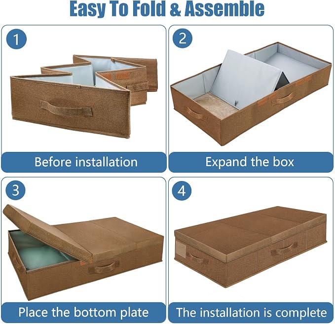 Supowin Underbed Storage Containers Bin with Lids (2pcs) Large Under Bed Storage Organizer Box with Handle, Foldable Under the Storage Bags for Organizing Clothes, Shoes, Blankets, Pillows-Dark brown