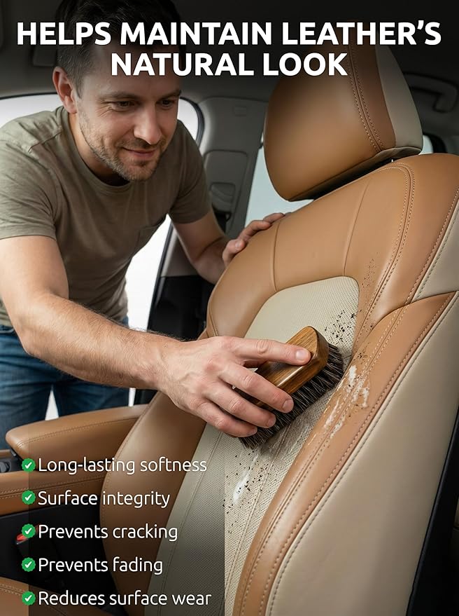 TAKAVU Leather & Upholstery Cleaning Brush Set with Compact Wood Handle | Car Detailing Brush for Alcantara, Leather Seats, Suede, Car Interior, Sofa & Convertible Tops