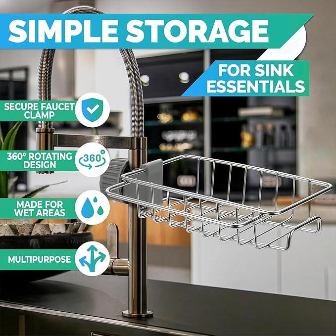 Kitchen Sink Faucet Organizer - 360° Rotating Rust-Resistant Caddy for Dish Sponge & Soap - 6.77" x 5.32" x 1.73" Stainless Steel Sponge Holder for Kitchen Sink Around Faucet, Fits 0.59-1.18 in Pipes