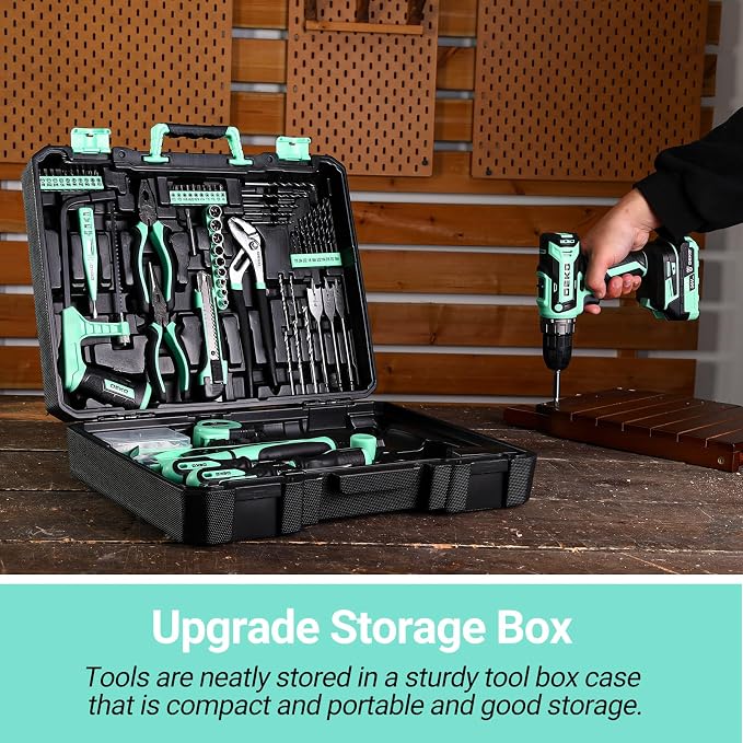 Drill Tool Kit Set: 20V Cordless Power Drill Tool Box with Battery Electric Drill Driver for Men Home Hand Repair Basic Toolbox Tools Sets Drills Case, Turquoise