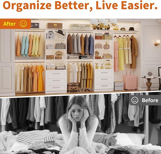 Closet System with 6 Drawers, 6-13FT Closet Organizer System Wood with 8 Shelves & 6 Expandable Hanging Rods, Closet Systems Kit for Walk in Closets, Modular Closet Organizer Systems, 2 Sets,White