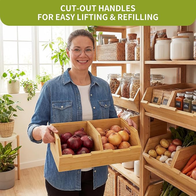 Bamboo Pantry Storage Bins, Potato and Onion Storage Bins for Countertop | Open Front Storage Bins, Large Capacity, Stackable Design, Cut-out Handles, FSC-certified Bamboo, No Assembly