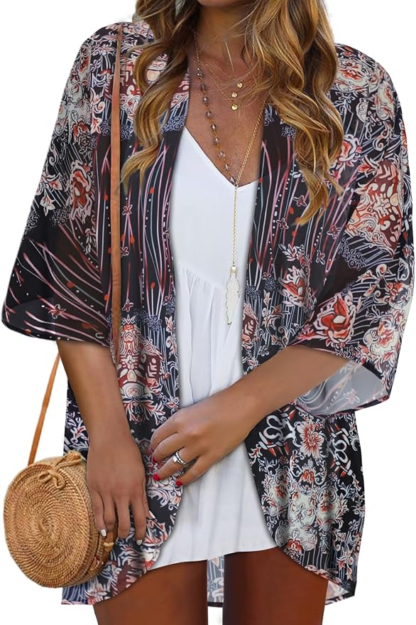 Women Kimono Cardigans Summer Cover Up Hawaiian Shirts Floral Print Tops | ROSEMIA chiffon kimono open front cardigans, beach cover ups, daily casual tops, cruise outfits, summer resort wear