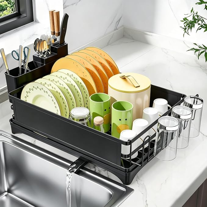 Simple Trending Dish Drying Rack, Space-Saving Large Dish Rack for Kitchen Counter, Anti-Rust Dish Drainer with Cutlery & Cup Holders, Black