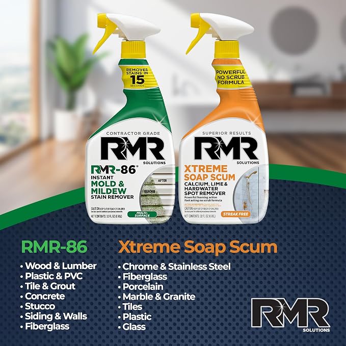 RMR Instant Mold & Mildew Stain Remover Spray + Xtreme Soap Scum Remover, No-Scrub Indoor/Outdoor Cleaning System for Bathroom, Shower, Siding, & Deck, 2–32 Oz Bottles