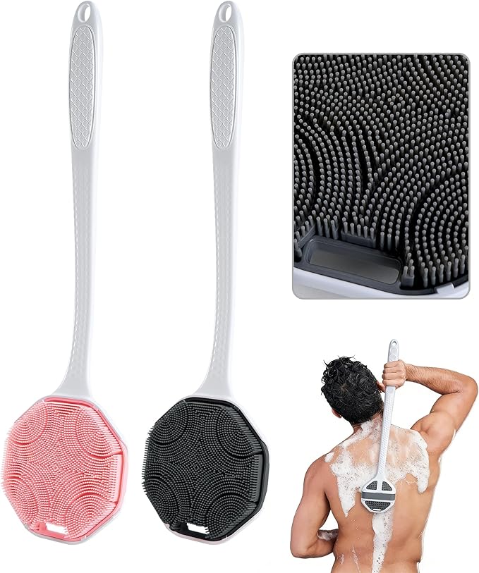 Silicone Body Scrubber with Handle - 2 Pack Body Scrubber with Long Handle, Soft Bristles Gentle Exfoliating Bath Brush for Deep Clean, Grey + Pink