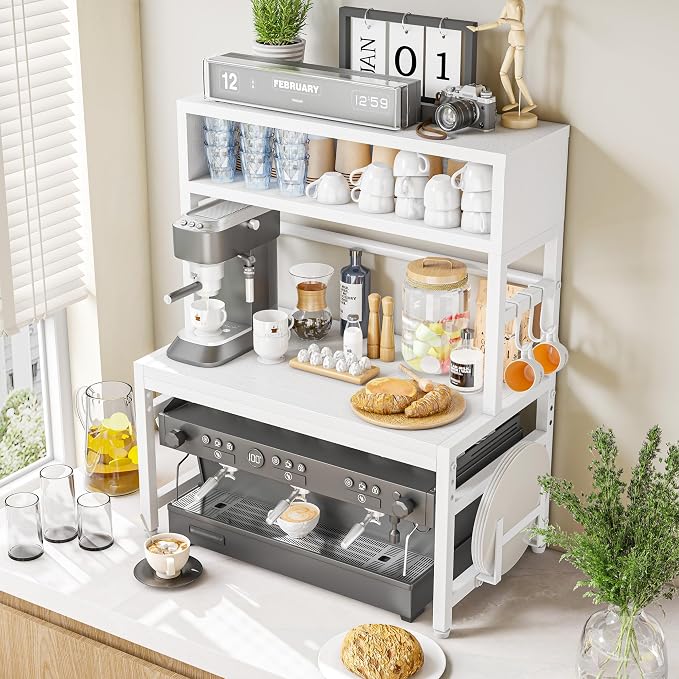 EnHomee 4-Tier Microwave Stand for Kitchen Storage, White | 205 lb Capacity, Adjustable Kitchen Shelves with 9 Hooks & Cutting Board Rack