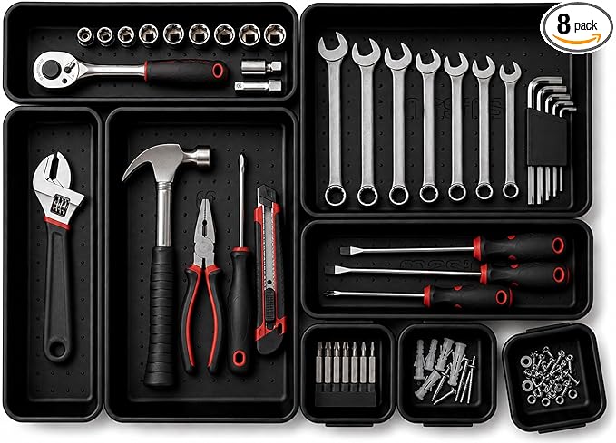 Masirs Interlocking Drawer Organizer Bins 8 Pcs, Desk Drawer Tray Set | Tool Box Organizer Tray, Kitchen Office Garage, Modular Plastic, 3 Sizes (2 Lg 3 Med 3 Sm), Black, Custom Layout