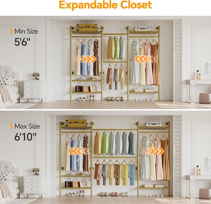 Higeego W3 Wall Mounted Closet System, Expandable Industrial Pipe Clothes Rack Clothing Rack for Hanging Clothes, Heavy Duty Garment Rack Closet Organizers and Storage Reach in Closet, Gold