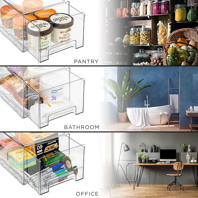 Sorbus Plastic Storage Bins Stackable Clear Pantry Organizer Box Bin for Organizing Kitchen Fridge, Food, Snack Pantry, Fruit, Vegetables, Bathroom, Wide & Narrow Deep (6 Pack)