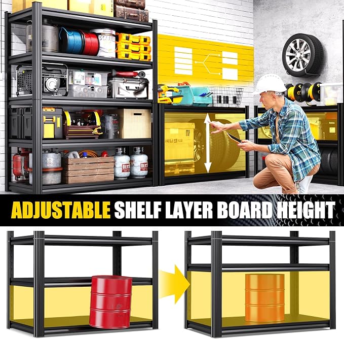 Set of 6 Heavy Duty Garage Shelving Unit, 71.2" H x 35.4" W x 16" D, 5-Tier Adjustable Storage Shelves for Garage Storage, Standing Shelf Unit & Shelves Organizer for Home, Warehouse, Workshop