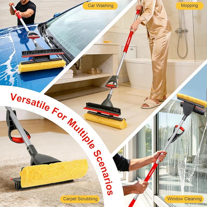 Pop-up Sponge Mop for Floor Cleaning, Home Commercial Cellulose Sponge Roller Mop with 2 Refill Heads, Includes Squeegee and Brush for Hardwood Tile Concrete Bathroom Kitchen Wall Ceiling