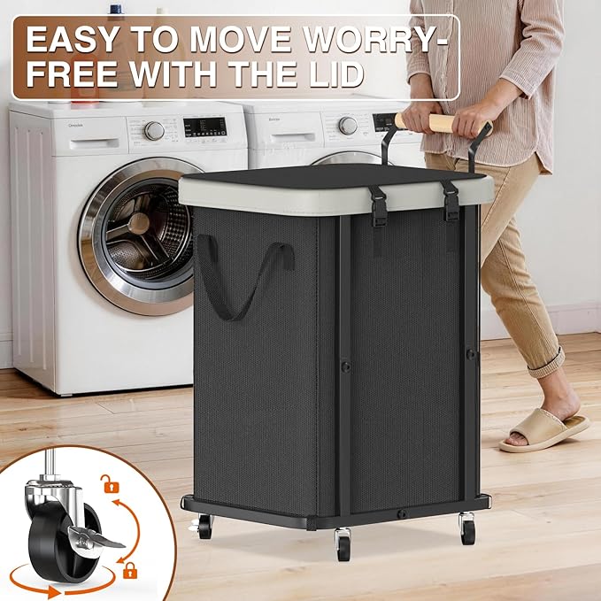 Laundry Hamper with Lid,150L Rolling Laundry Basket with Wheels & Handle | Leather Patchwor Dirty Clothes Hamper,Laundry Basket Organizer for Bedroom Aesthetic,Laundry Room,Dorm - Black Gray