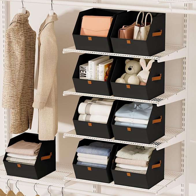 Homsorout Fabric Closet Storage Cubes - 10 Pack Square Storage Bins with Dual Handles for Clothes, Towels, Toys, Cube Storage Organizers for Bedroom, Nursery, Shelves, Closet, Small Spaces, Black