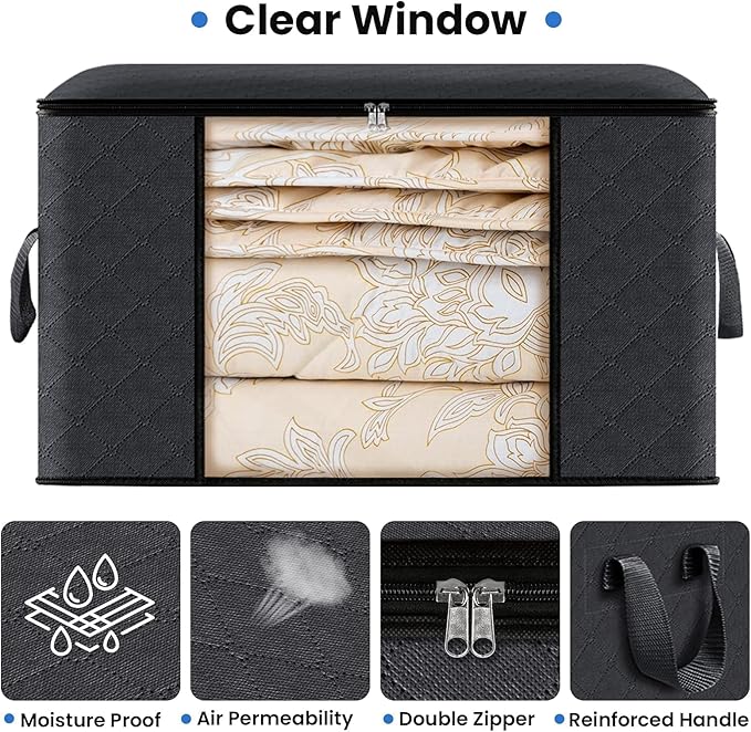 Fab totes Storage Bags,Clothes Blanket Storage Bins Foldable Closet Organizers with Reinforced Handle for Home Dorm Storage and Organization,Fabric Bags for Organizing Sheets,Clothing (Black,4 Pack)