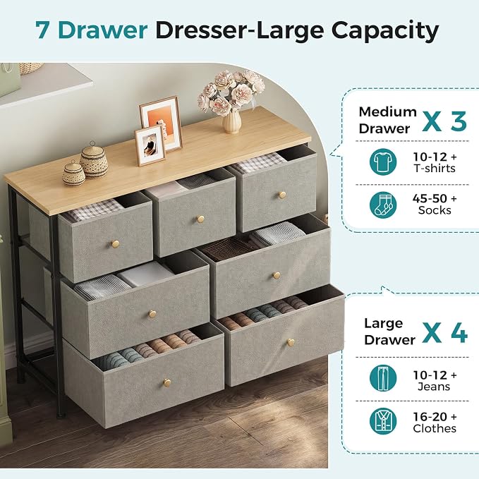 OLIXIS 7 Drawer Closet Organizer, Storage Tower with Sturdy Steel Frame | Dresser for Bedroom, Wooden Top & Easy Pull Fabric Bins, Clothes Organization, Living Room Entryway, Dark Green