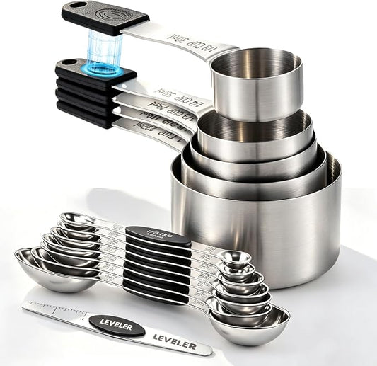 -BINGBING- Magnetic Measuring Cups and Spoons Set of 13, Stainless Steel | 5 Magnetic Cups and 8 Double-Sided Spoons with Leveler, Stackable, Kitchen Gadgets for Cooking and Baking