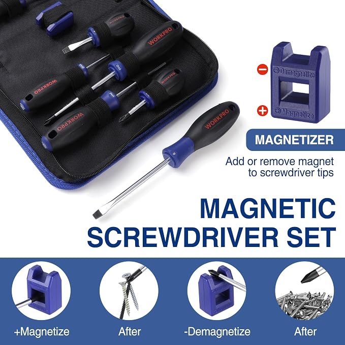 WORKPRO 10-Piece Magnetic Screwdriver Set with Pouch | Phillips, Slotted, Flat Head Screwdriver Include Magnetizer, Screwdriver with Non-Slip Grip, for Home Repair and DIY Projects
