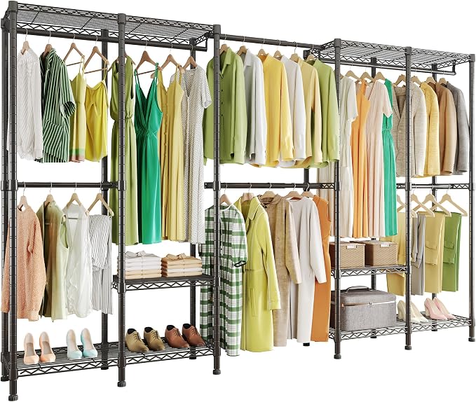 Higeego H5 Pro Heavy Duty Garment Rack, Freestanding Clothes Rack, Wardrobe Closet for Hanging Clothes, Portable Closet Organizer with Expandable Hanger Rods, (97.7-115.4")L x 15.7"W x 75.4"H, Black