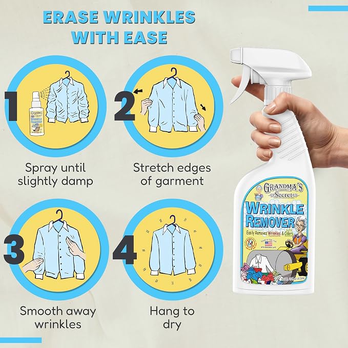 Grandma's Secret Wrinkle Remover - Wrinkle Release Spray, Odor Eliminator, and Fabric Refresher Spray - Chlorine and Bleach Free - 16 oz & 3 oz Travel Size Combo