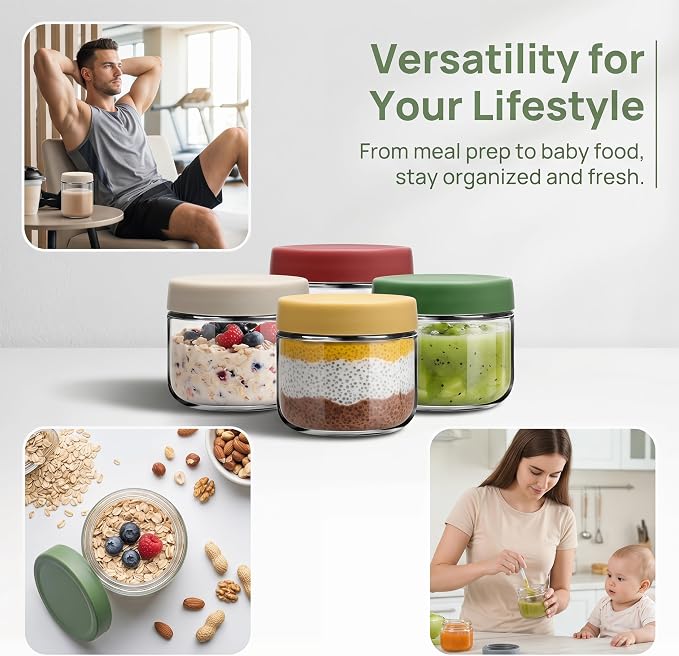 EONJOE 10 oz Small Glass Containers with Lids, Food Storage Jars, 6pk | Perfect for Chia Pudding Jam Snacks Yogurt Overnight Oats Candy ,Dishwasher safe,Airtight