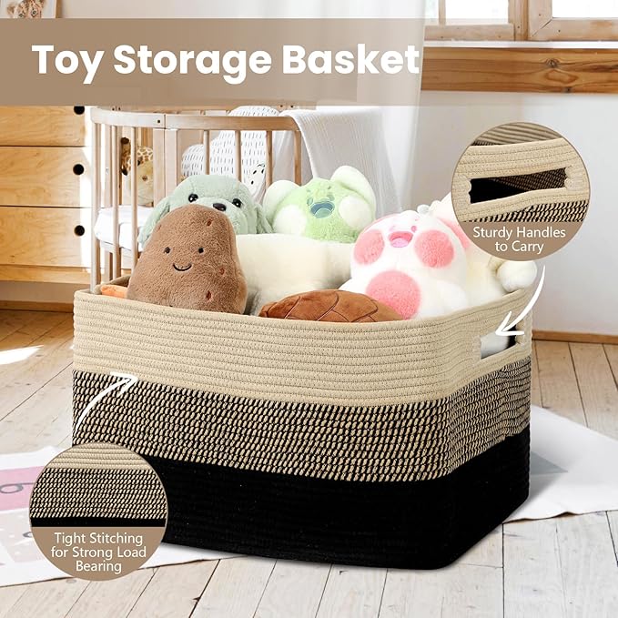Optish 95L Large Blanket Basket, Woven Storage Baskets with Reinforced Handles, Rope Laundry Basket for Living Room, Bedroom, Nursery, Toys, Clothes,Pillows, 24” x 17” x 13.5”, Black & Brown