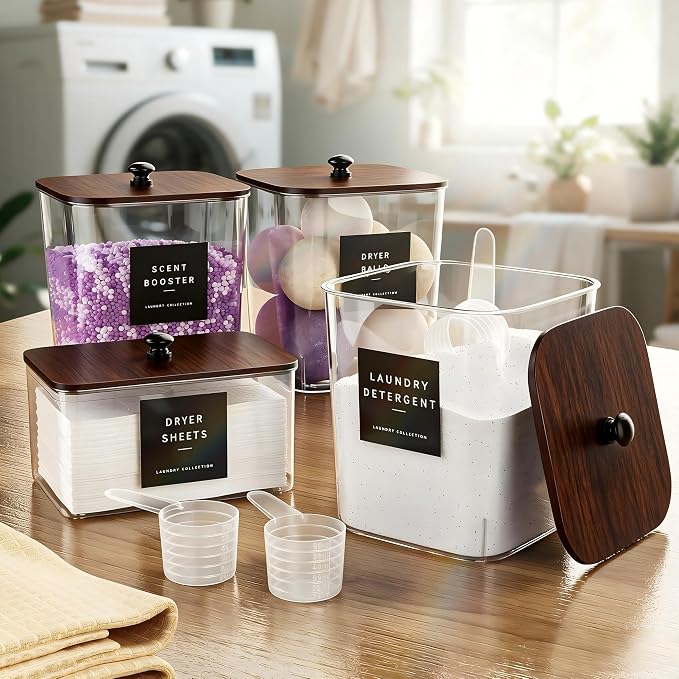 3+1 Pack Brown Laundry Pods Container, Clear Laundry Room Organization Containers Essentials, Large Detergent Powder Storage Containers Wooden Lids & Labels Signs
