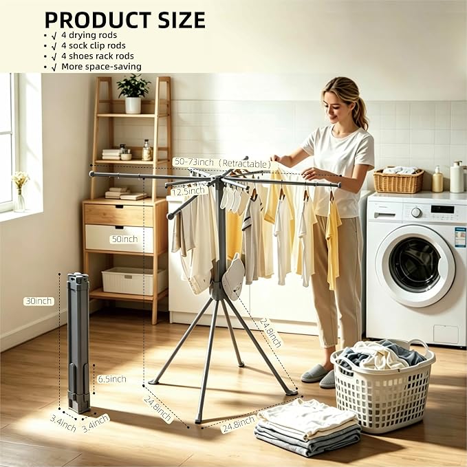 4-Legged Clothes Drying Rack Foldable, Drying Rack Clothing Floor Standing Laundry Drying Rack Collapsible Drying Racks with Sock Clips & Shoe Holders for Indoor and Outdoor Balcony Bedroom Apartment
