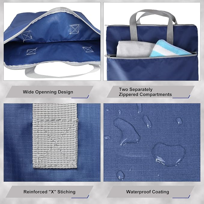 BeeGreen Navy Blue Hanging Laundry Hamper with Strap & Two Zippered Pockets Travel Laundry Bag for College Dorm Travel Day Trip Swimsuit Bathsuit