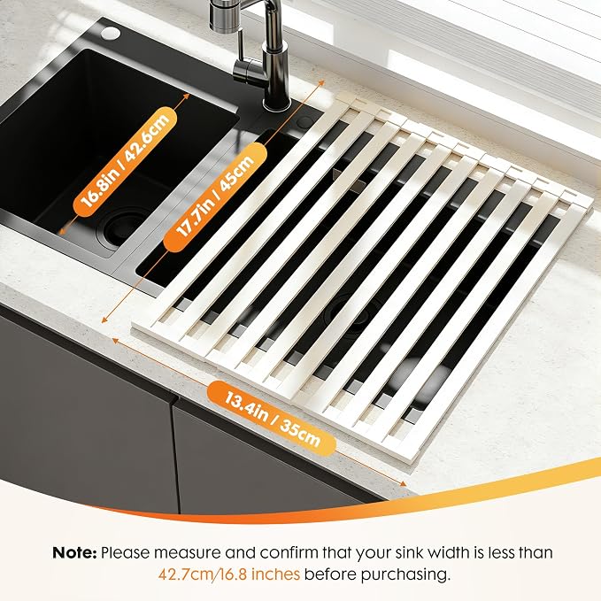 Foldable Over Sink Dish Drying Rack, Extra Wide & Thick Rust-Proof Aluminum Sink Cover for Counter Space, Collapsible Dish Drying Rack Fits Most Kitchen Sinks (White, 17.7“x13.6)