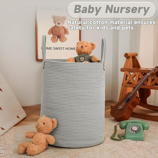 JMvicyroam Large Woven Laundry Basket Hamper,100L Cotton Rope Storage Bin for Blankets,Toys and Clothes,Decorative Tall Nursery Hamper for Living Room,Baby Nursery,Bathroom and Bedroom,Grey