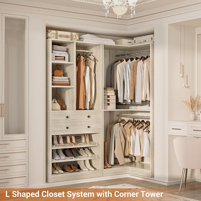 Besiost Closet System with 2 Drawers, 3 Hanging Rods, 59.5" * 31.5" Closet Organizer System with Corner Tower, Reversible L Shaped Walk-in Closet System, Corner Closet System Set of 2, Greige Oak