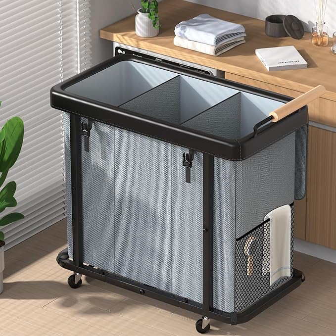 Rolling Laundry Hamper with Wheels, Laundry Hamper 3 Section with Lid Gray | Laundry Basket with Rolling Lockable Wheels and Handle, Laundry Basket Organizer for Laundry Room, Bedroom 230L
