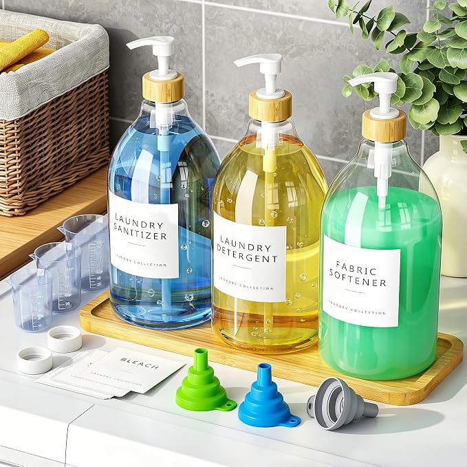Moforoco 3 Pack White Liquid Laundry Detergent Dispenser with Bamboo Tray, 64 Oz Plastic Laundry Soap Dispenser, Fabric Softener Dispenser with Pump and Labels for Laundry Room Decor and Organization