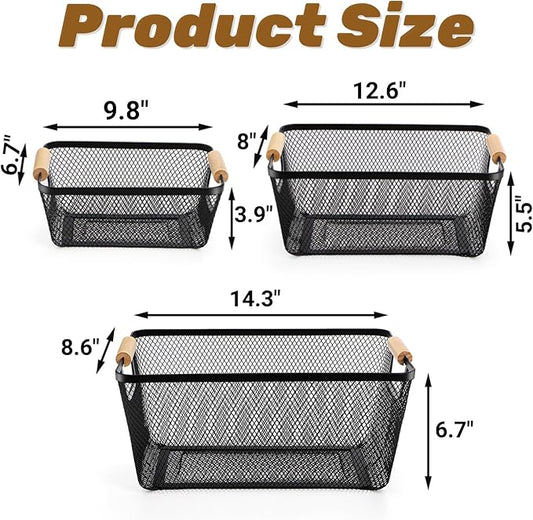 Noamus 3 Pack Metal Mesh Basket with Wooden Handle, Farmhouse Wire Steel Storage Bins, Rectangle Fruit Vegetable Organizer Containers for Home Cabinet Pantry Kitchen Decor, Snack Gift (Black, 3 Size)