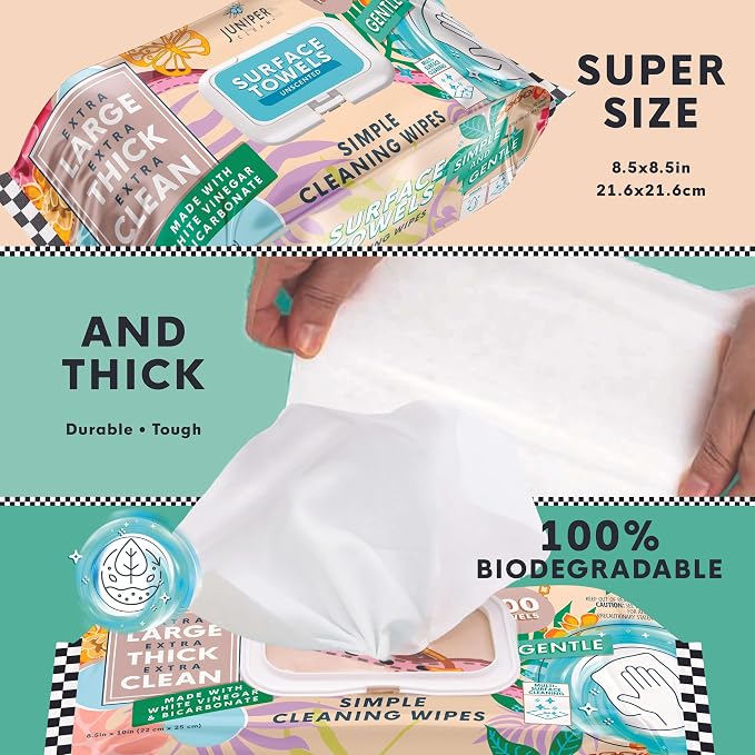 Juniper CLEAN 6 Packs Surface Cleaning Wipes, Thick & Large Dispose, All-Purpose Cleaner for Bathroom, Kitchen, Office, 100 Count Soft Flow, Biodegradable, Mix Scent