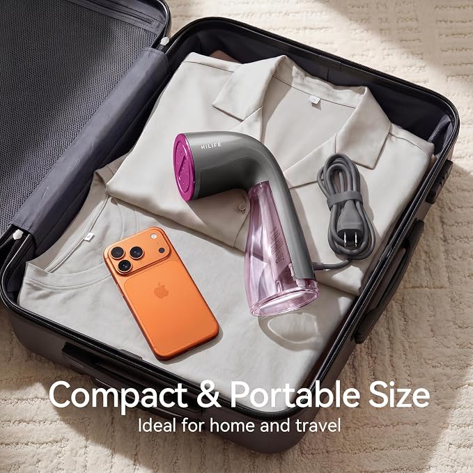 HiLIFE Steamer for Clothes, Portable Handheld Design, 240ml Big Capacity, 700W, Strong Penetrating Steam, Removes Wrinkle, for Home, Office and Travel(ONLY FOR 120V) (Rose Pink)