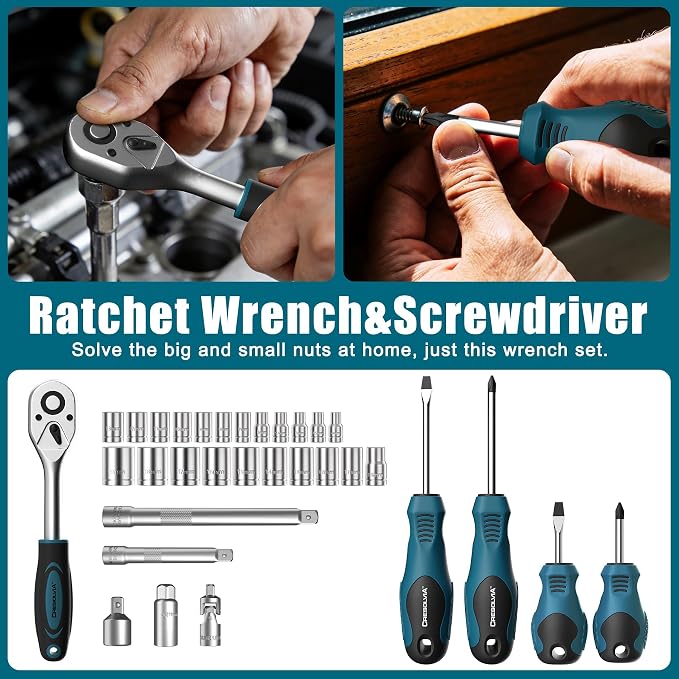328 Piece Tool Kit For Home,Hand Repair Tool Set,Toolbox Storage Case with Drawer,General Household/Auto Tool Set,Perfect for Homeowner, DIY, Handyman (Blue and black)