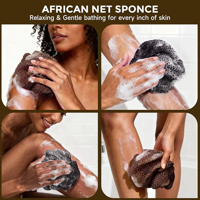 2 Pieces African Net Sponge Authentic, Durable Back Scrubber Washcloth for Shower, Exfoliating Net Sponge for All Skin, Bathing Accessories for Women (2 Pack (Black and Brown))
