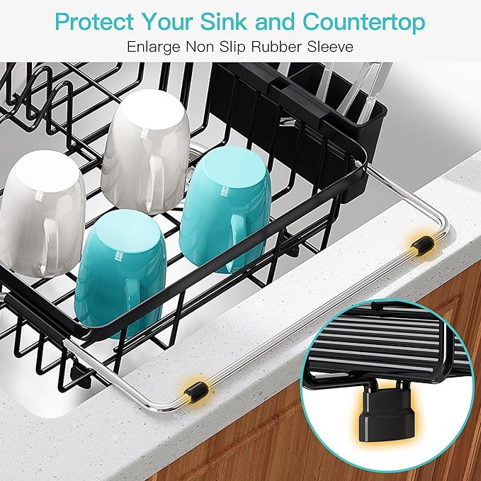 JASIWAY Expandable Stainless Steel Black Over The Sink Dish Drying Rack for Small Kitchen Counter Space Saving, Compact Plate Drainer Strainer, Adjustable Hanging Metal Dish Dryer with Utensil Holder