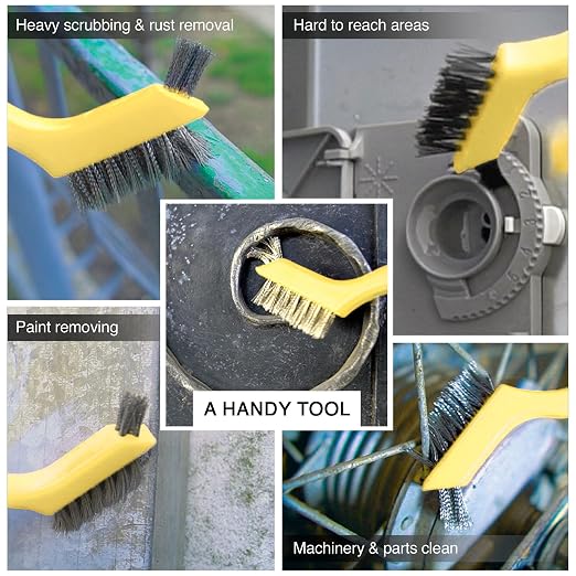 Wire Brush Set 3Pcs - Nylon/Brass/Stainless Steel Bristles with Curved Handle Grip for Rust, Dirt & Paint Scrubbing with Deep Cleaning – 7 Inches (Yellow)