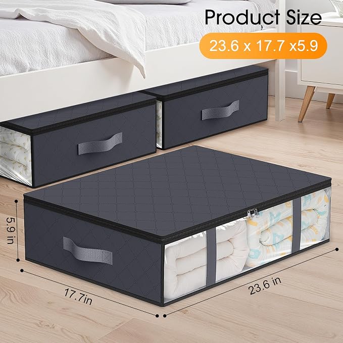 StorageRight Under Bed Storage Bags, 4 Pack, 40L, Gray | Breathable Non-Woven Fabric with a Clear Window and Zippered Top for Clothes, Comforters, Blankets and Seasonal Storage