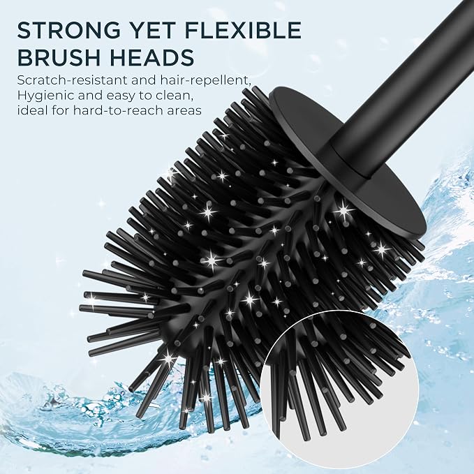FORIOUS Short Toilet Brush and Holder Set, Heavy Duty 304 Stainless Steel Base Square and Long Handle for Bathroom Deep Cleaning, Drip-Proof, Space Saving for Storage, 2 Toilet Bowl Brush Head, Black
