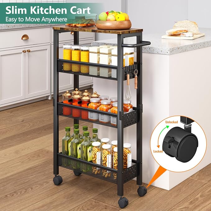 Vivihomety 4-Tier Slim Utility Rolling Laundry Cart with Wheels, Metal | Narrow 7.1" wide, Lockable wheels, wood top panel, metal frame, with handle, for laundry, bathroom, kitchen, black