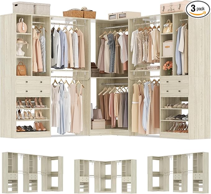 Large Closet System (Set of 3) with 4 Drawers, 8 Hanging Robs, 91.5"/151" Closet Organizer System with Corner Tower, Reversible Walk-in Closet System Corner Closet System, Greige Oak