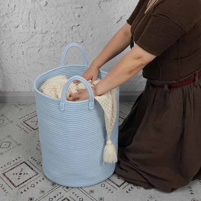 XUANGUO Cotton Rope Laundry Basket Hamper for Clothes, light blue | Woven Storage Basket for Living Room Bedroom Boho Tall Rope Baskets for Blanket Toys Pillow Towels Baby Nursery Hamper Bin