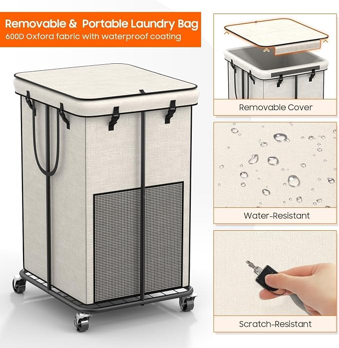 160L Laundry Hamper with Lid & Wheels, Rolling Laundry Basket with Bag | Sturdy Metal Frame | Laundry Bag with Handles| Large & Tall Clothes Hampers for Laundry Room, Bedroom, Dorm, Bathroom-White