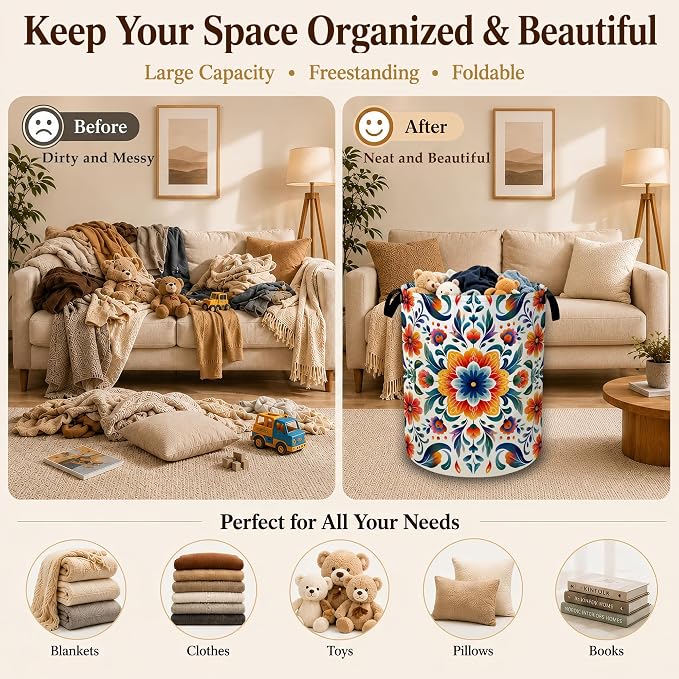 Mexico Folk Floral Large Laundry Hamper, Collapsible Oxford Clothes Basket with Handles, Freestanding Dirty Clothes Organizer for Bedroom Bathroom Dorm Laundry Room, 16 x 20.8 Inch