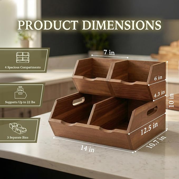 Acacia Wood Pantry Storage Bins Set of 3, Stackable Kitchen Storage Baskets for Potatoes, Onions and Produce, Handcrafted Wooden Organizer for Pantry, Counter and Cabinet